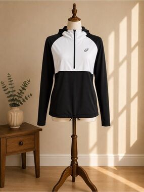 ASICS Running Hoodie Quarter Zip Lightweight Athletic Pullover Black White S